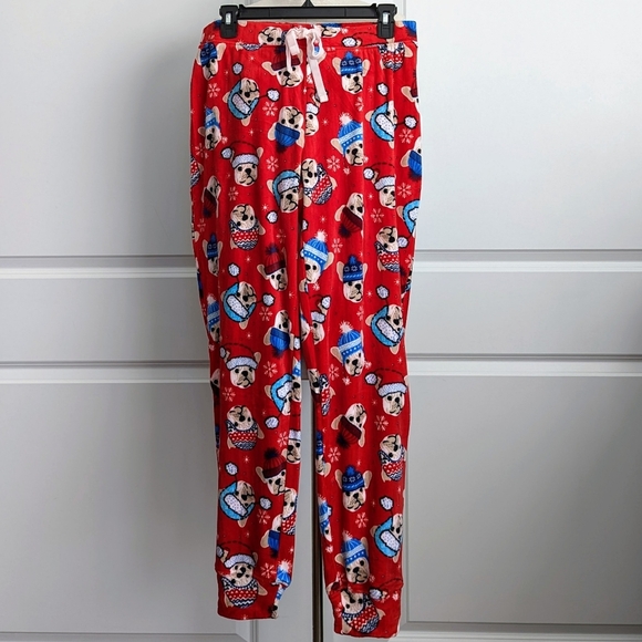 Novogratz Lounge Joggers Frenchie Winter Print Plush Elastic Waist Red M NWT - Picture 2 of 15